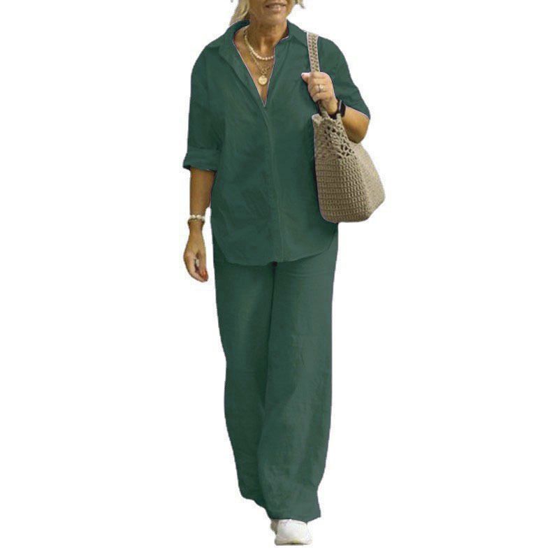 Damenbekleidung Zweiteiliges Set für Damen mit langärmeligem Revers und lässigem Frühlings- und Herbstanzug in einfarbiger Hose mit weitem Bein_voghion.com