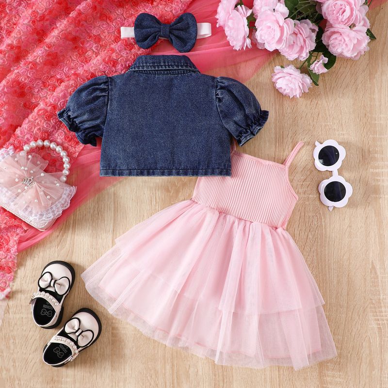 Kannerkleeder Summer Puppelchen Meedchen Kostüm Jeans Kuerzjackett Hosenträger Mesh Tüllrock_voghion.com
