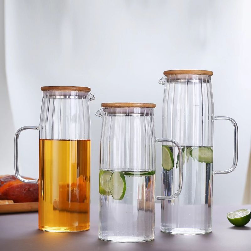 Striped Glass Pitcher With Stainless Steel Lid - 1.5L Thickened Iced Water Jug For Juice Tea & Infused Drinks Heat-Resistant_voghion.com