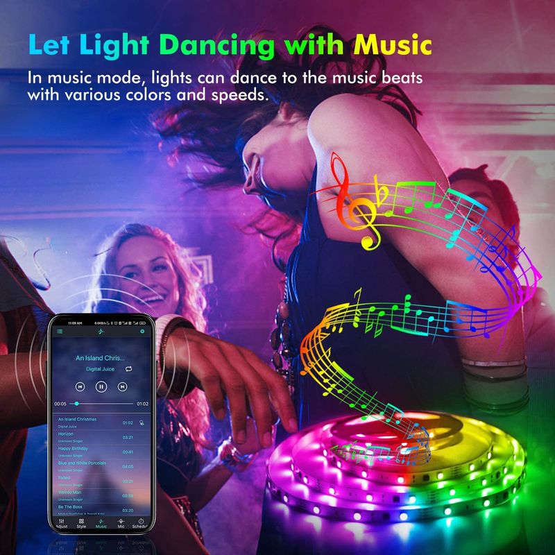 Tira de luces LED RGB con Bluetooth, USB, 5 V, control por aplicación, 5050 SMD, 18 LED/m, flexible, ideal para decoración del hogar y retroiluminación de TV._voghion.com