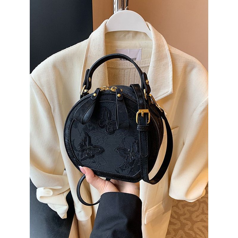 Borsa a tracolla rotonda da donna con tracolla singola, piccola, in stile cinese, con ricamo a farfalla_voghion.com