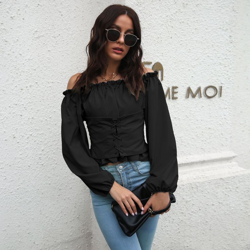 Cinturino frontale da donna con manica a lanterna, colletto a una linea, camicia in chiffon a maniche lunghe, con cintura, top corto_voghion.com