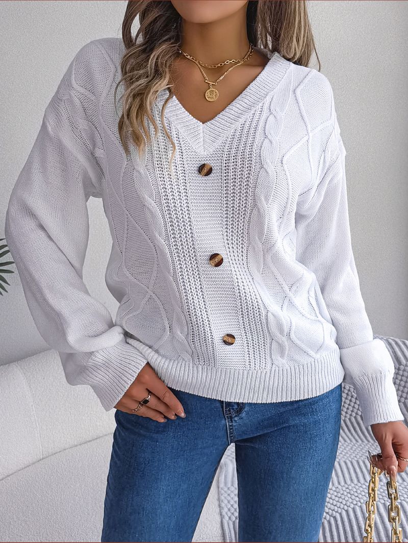 Maglione pullover a maniche lunghe in maglia a trecce con scollo a V, tinta unita, con bottoni, autunno inverno 2024, moda donna_voghion.com