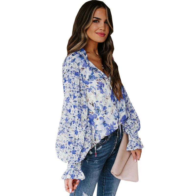 Damenbekleidung Chiffon Cardigan Frühling und Sommer Lose Blumenmuster Mode Laterne Ärmel Tops Frauen_voghion.com