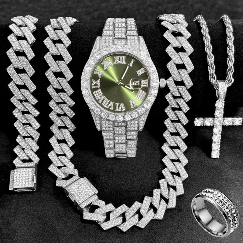 FENSIR Orologio al quarzo con diamanti e set di gioielli con catena a maglie cubane e ciondolo a croce - Accessori moda da 5 pezzi per uomo e donna_voghion.com