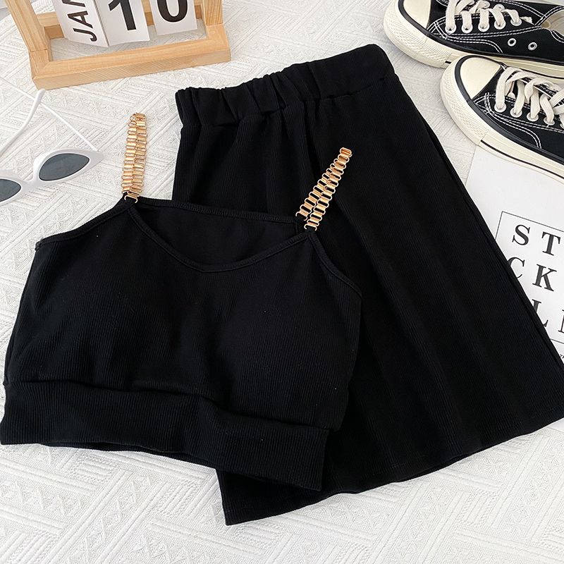 Set due pezzi con canotta corta a catena sexy da donna, gonna aderente a vita alta e gonna a vita alta_voghion.com