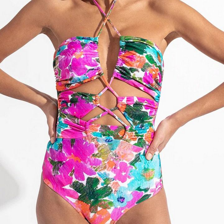 Maillot de bain une pièce pour femme, ensemble maillot de bain une pièce à imprimé ajouré, col licou et jupe parapluie_voghion.com