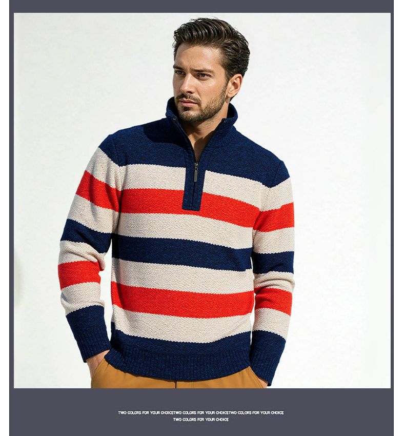 Herrenpullover mit halbem Reißverschluss, warmer, mit Fleece gefütterter Winterpullover, dicker, gestreifter Strick mit Stehkragen, atmungsaktive Polyestermischung (M-3XL)_voghion.com