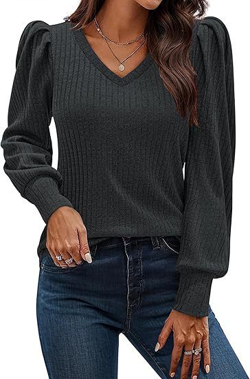 2024 Donna Maglia Morbida Bolla Manica Lunga Maglione Leggero Scollo a V Gilet Cappotto_voghion.com
