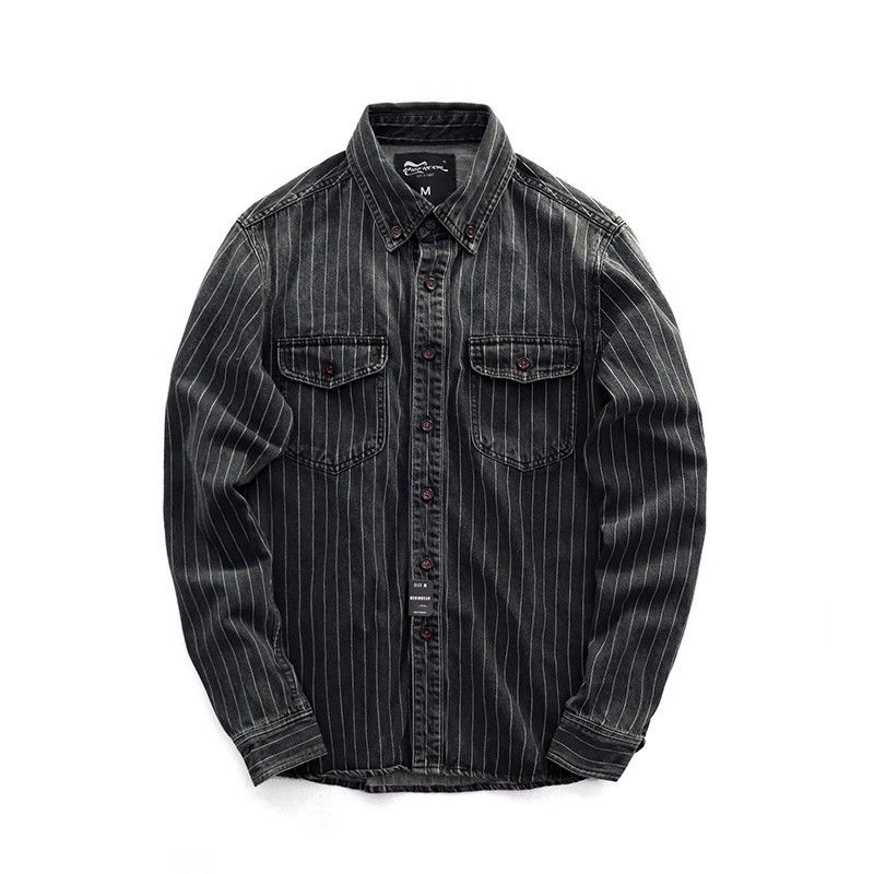 Camicia a maniche lunghe da uomo alla moda, a righe in denim, artistica e fresca, giacca casual primaverile e autunnale_voghion.com