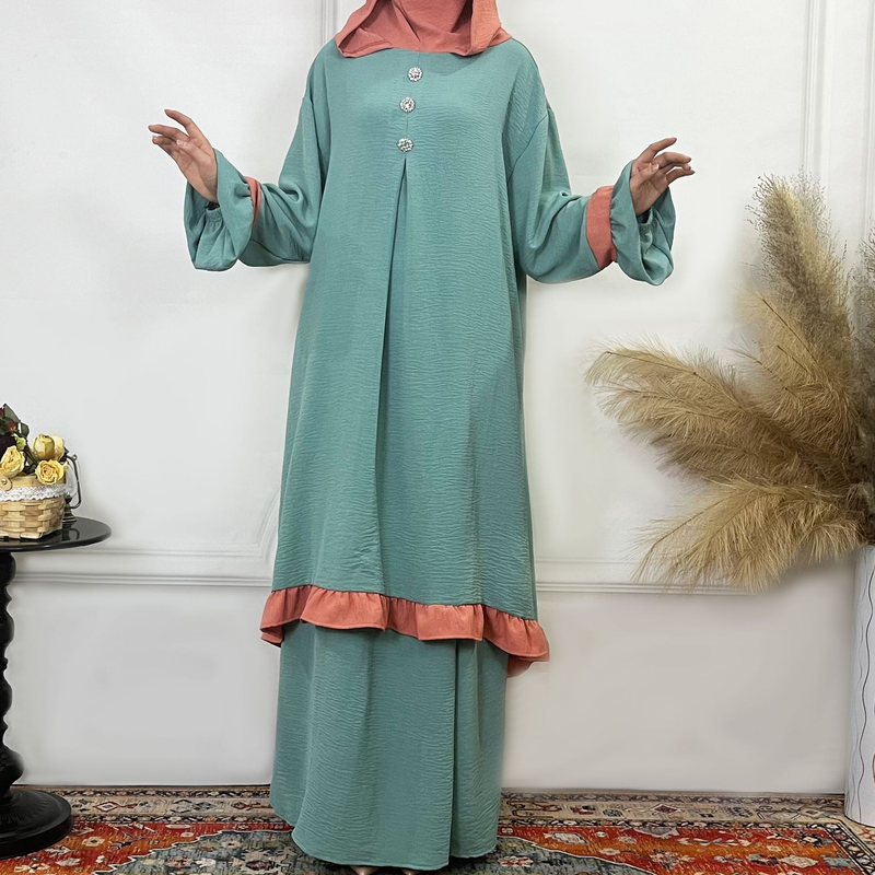 Women's Clothing Solid Color Ruffled Burkha Two Piece Set_voghion.com