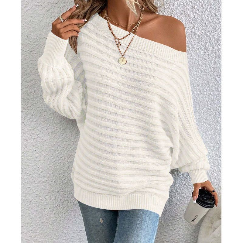 Eleganter Strickpullover mit Fledermausärmeln und U-Boot-Ausschnitt für Damen – weicher Acrylstoff, entspannte Passform, vielseitiger Pullover in Volltonfarbe für Herbst und Winter_voghion.com