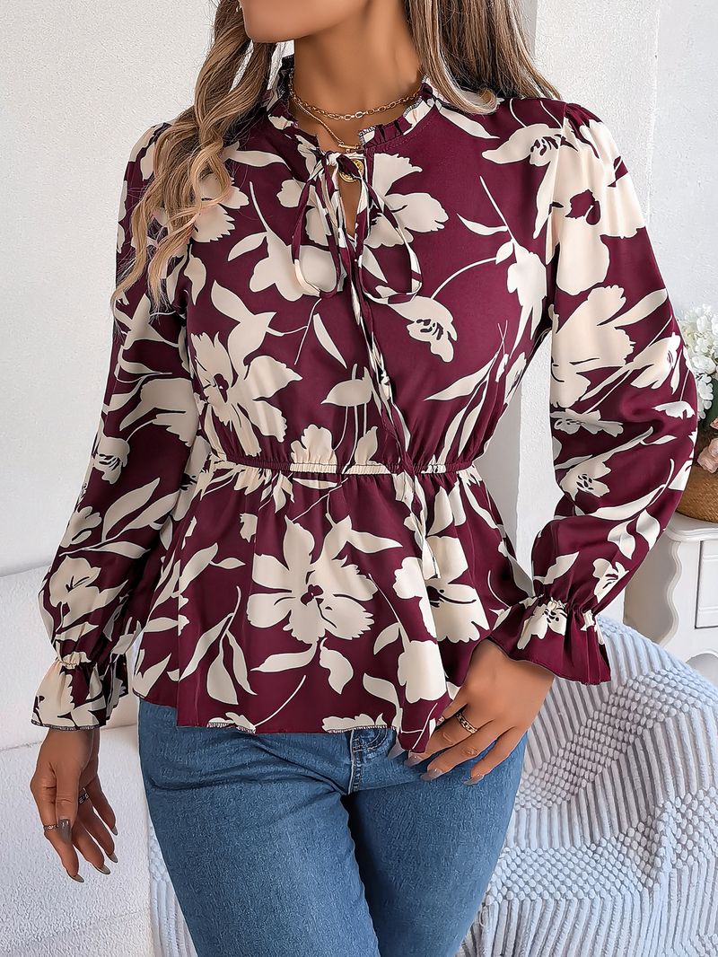 2025 herbst Winter Neue Casual Floral Lace-Up Langarm Chiffon Bluse frauen Mode_voghion.com