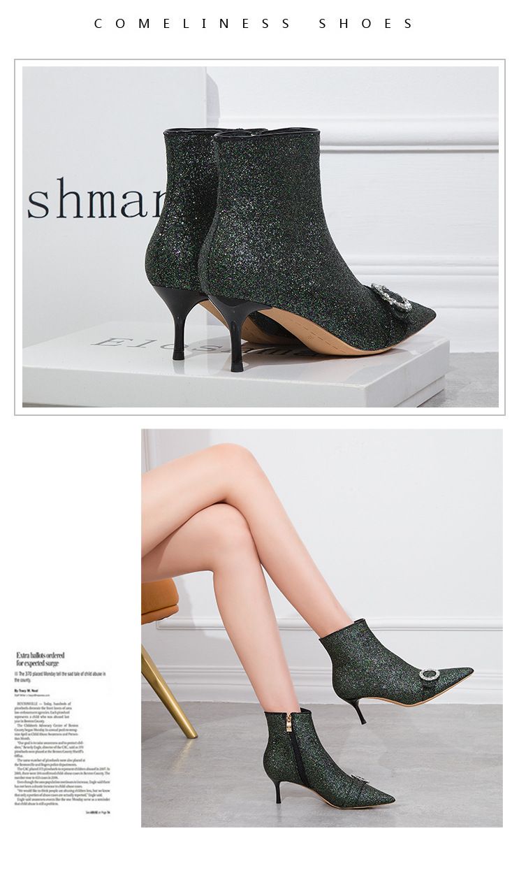 188-3 Sfilata di moda coreana, stivaletti corti sottili e sexy con tacco alto e punta a punta, in peluche e diamanti d'acqua lucenti_voghion.com