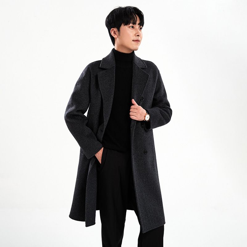 Double-Sided Wool For Men, Solid Color, Autumn And Winter Men's Fashion, Korean Style, New Woolen Mid-Length Trench_voghion.com