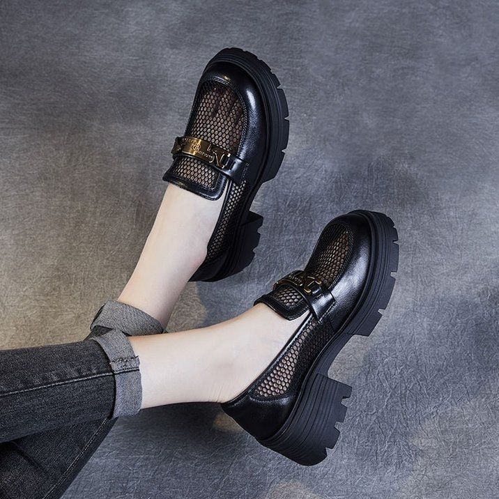 Mocassini con plateau in rete da donna, scarpe da donna con un solo pedale, scarpe in pelle piccole in stile britannico, scarpe singole cave_voghion.com