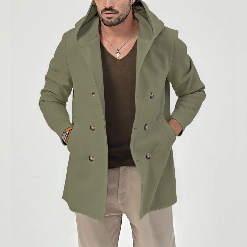 Men's Stylish Trench Coat With Double Breasted Design, Mid-Length Cotton Blend Jacket For Spring & Autumn, Slim Fit Casual Coat_voghion.com