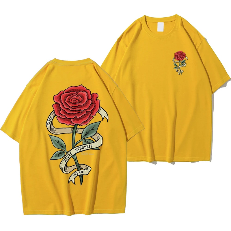 Røde roser pakket ind i båndprint herre bomuld åndbar t-shirt tøj overdimensionerede afslappede løse t-shirts korte ærmer_voghion.com