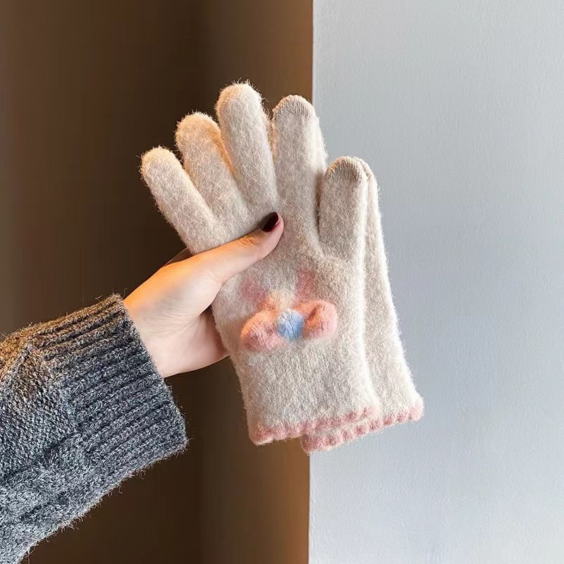 Guantes de punto con pantalla táctil para mujer, de lana, cálidos, de cinco dedos, bonitos, para estudiantes, para ciclismo de invierno, con lazo, para otoño e invierno._voghion.com