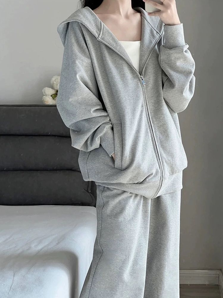 2025 Spring And Autumn Women's Sports Suit Korean Version Loose Hooded Fashion Lazy Style Casual Running Two-Piece_voghion.com