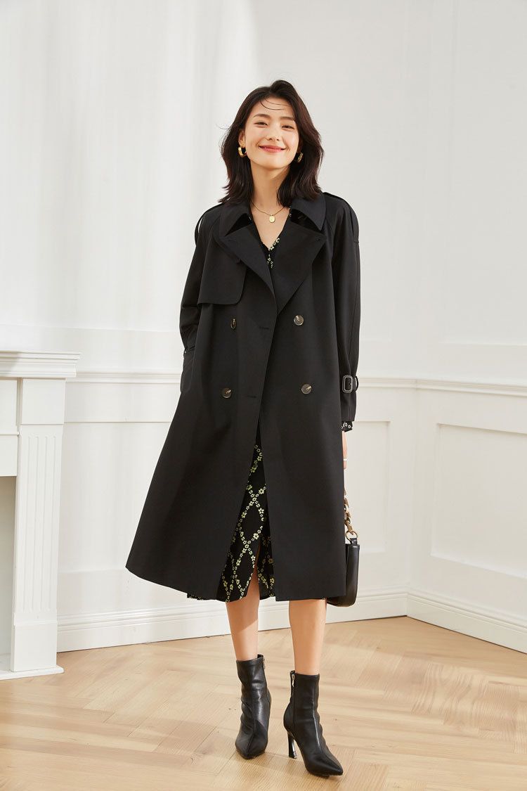 Shenghong 25 Wiosna Nowy Elegancki Szykowny Klasyczny Dojazdy Wyszczuplający Codzienny Casual Średniej Długości Trencz 13301_voghion.com