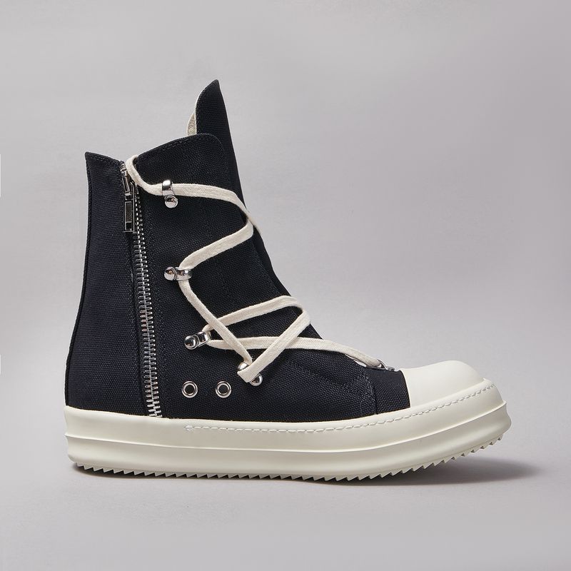 Tênis Owen masculino de lona preta com pentagrama clássico, da marca O-wen, com zíper e cano curto feminino._voghion.com