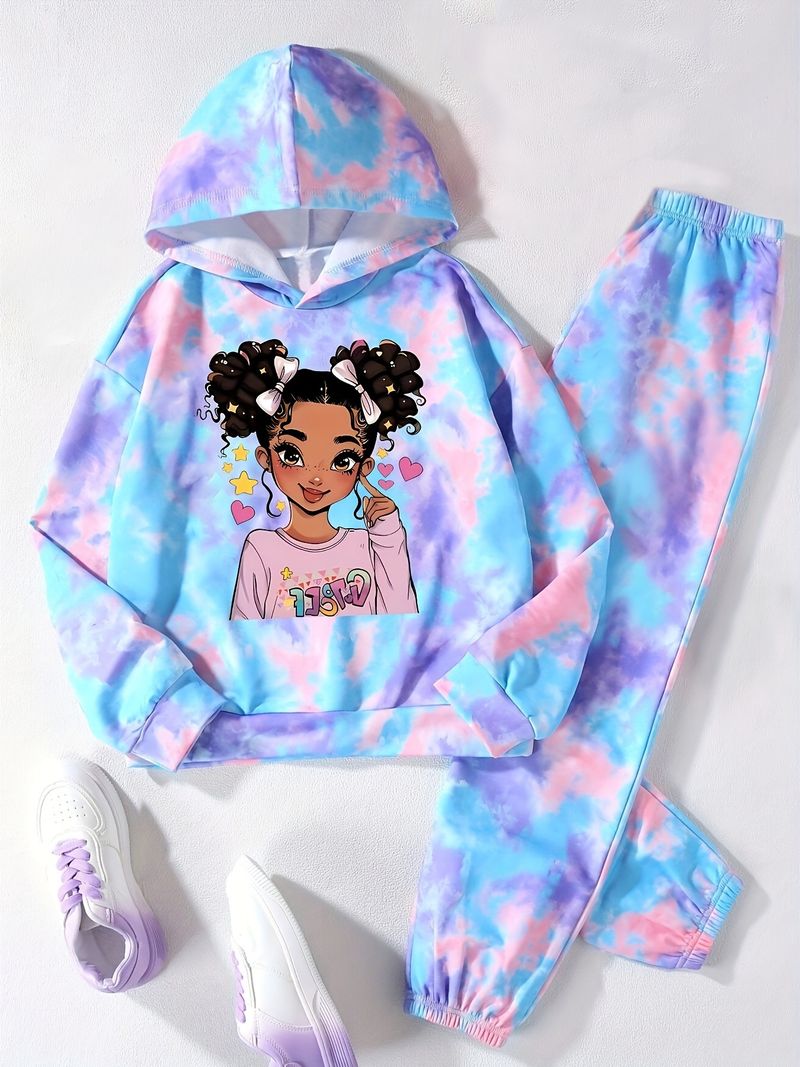 Mother & Kids Girls Cool Girl Stylish Tie Dye Full Print Trousers 2 Piece Autumn Suit_voghion.com
