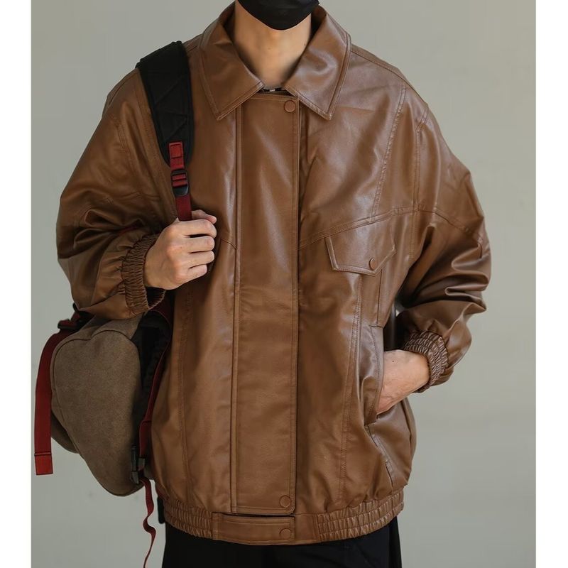 Giacca da motociclista casual da strada unisex in pelle marrone Melad in stile americano autunnale_voghion.com