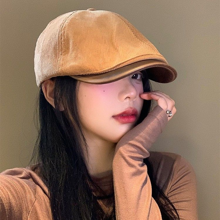 Berretto in velluto a coste in stile coreano per donna, basco reversibile versatile per primavera e autunno, ampia circonferenza della testa,_voghion.com