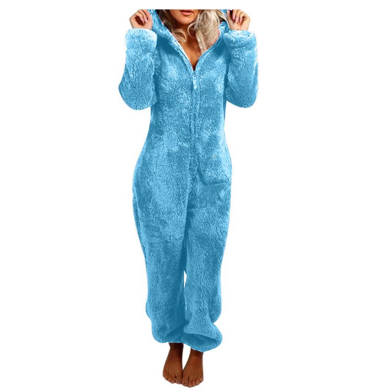 Women's Autumn And Winter Fleece Thickened Fluffy Jumpsuit Home Hooded Bear Pajamas_voghion.com