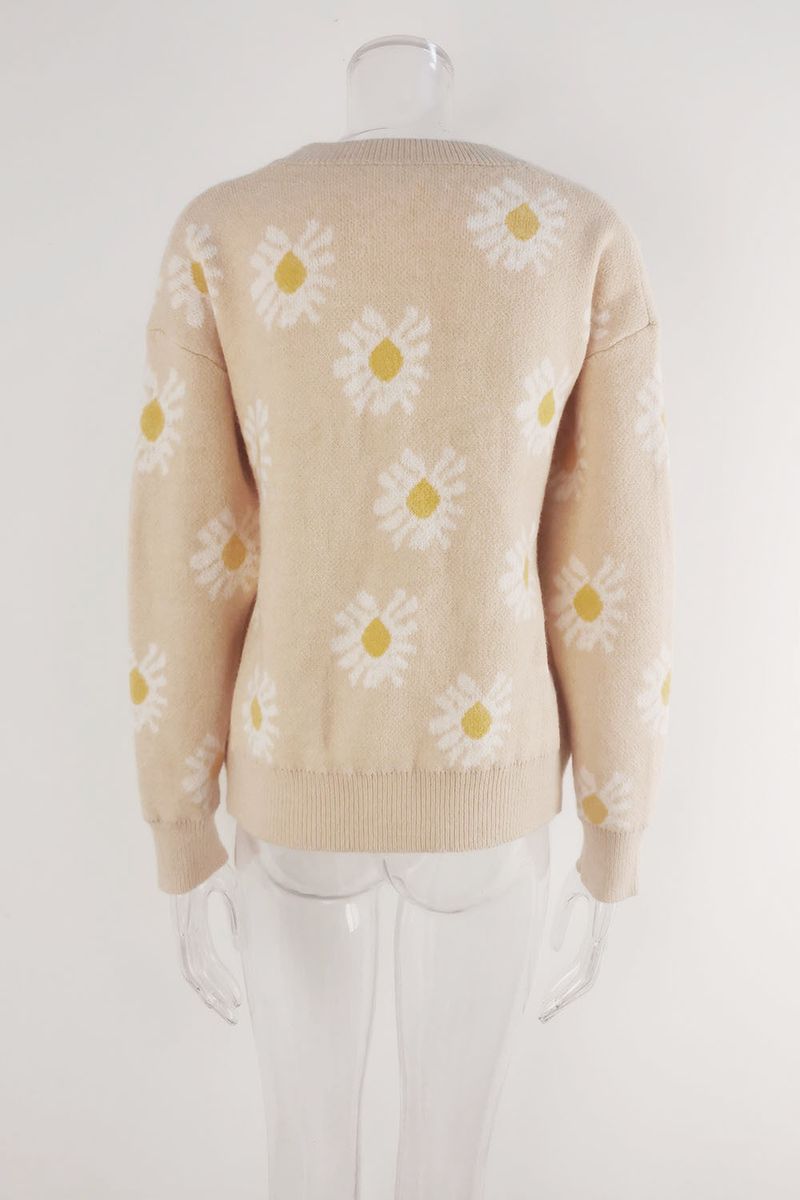 Cardigan en tricot à imprimé floral – Pull oversize ouvert à imprimé marguerites (S-XL, gris/vert/beige, mélange acrylique, décontracté et élégant)_voghion.com