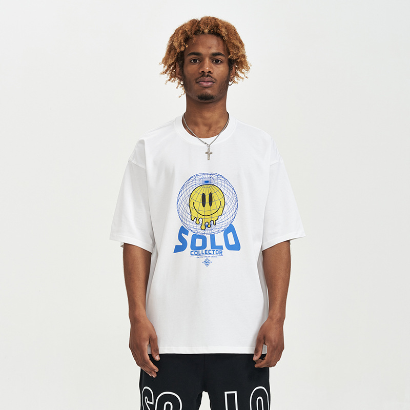 Amerikansk Smiling Face rund halsad kortärmad herr-T-shirt i bomull med tryck i sommarstil_voghion.com