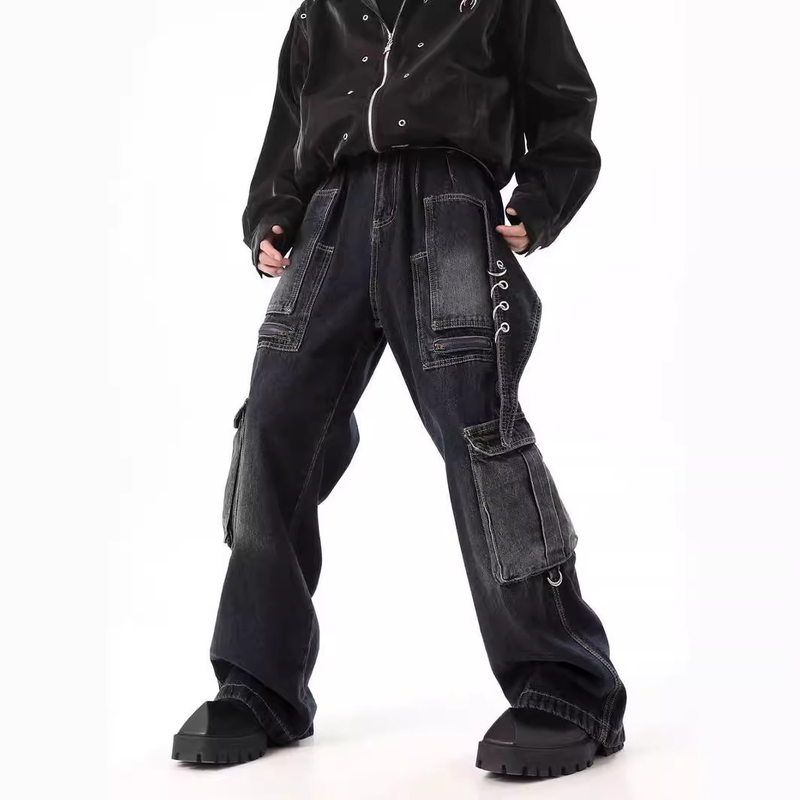 Men's High Street Three-dimensional Multi-pocket Design Straight Deconstructed Jeans For Men Retro Loose Wide-leg Drape Pants_voghion.com