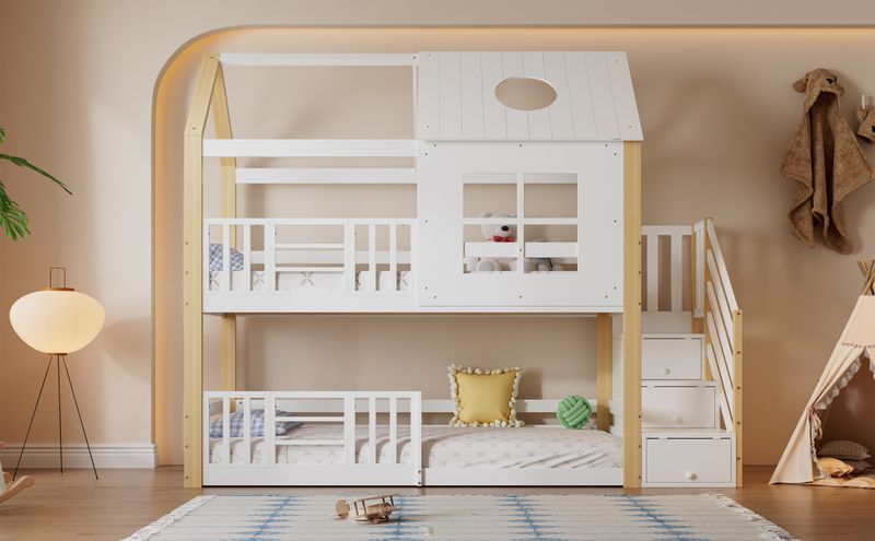 Lit à étage avec escalier de rangement, lit d'enfant, garde-corps, design fenêtre et toit, pin + MDF, blanc + naturel, 90 x 200 cm_voghion.com