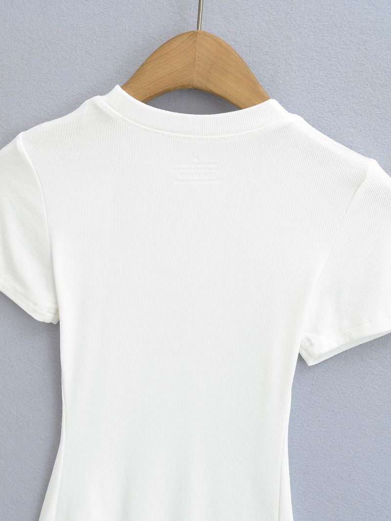 Maglietta sportiva elastica a maniche corte attillata in filo da donna, estiva, aderente, con scollo rotondo, tinta unita_voghion.com
