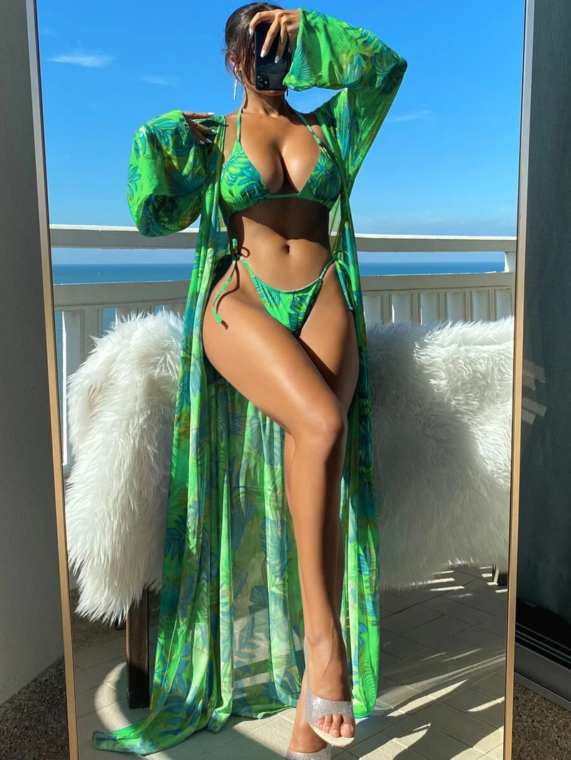 Badekleeder Fraen Split Dräi-Stéck Laangärm Blouse Internet Promi Riemen Bikini_voghion.com