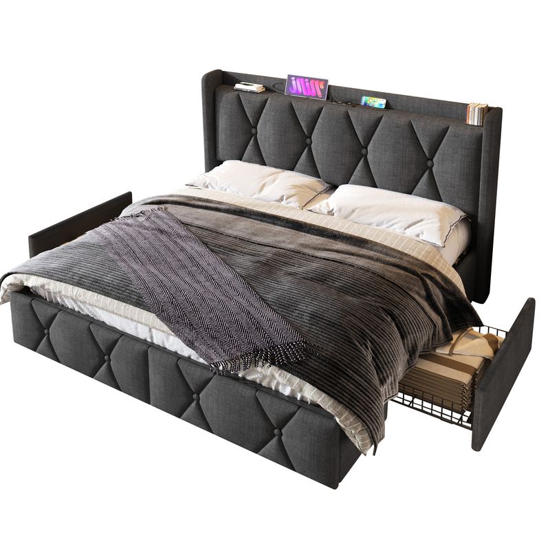 Cadre de lit double avec rangement 140 x 200 cm, avec port USB, tête de lit capitonnée et 4 tiroirs, sommier à lattes en bois gris (avec matelas)_voghion.com