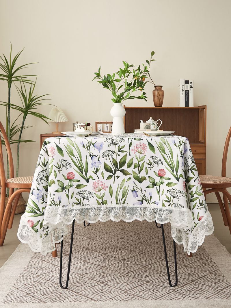 Vintage Abstract Floral Tablecloth – Polyester Lace-Trimmed Rectangular Table Cover For Dining & Coffee Tables (Non-Slip, Washable, Country Style)_voghion.com