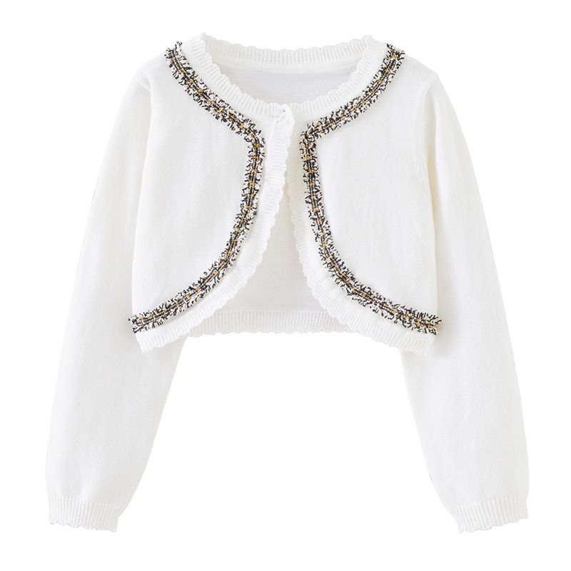 Cardigan élégant en tricot d'inspiration victorienne pour mère et enfant, avec bordure en dentelle, léger et doux, en mélange de coton (blanc-rose/blanc-noir/violet-rose)_voghion.com