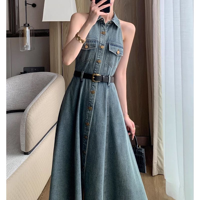 Abito in denim senza maniche minimalista francese per donna nell'estate del 2025, con cintura in vita di alta qualità e effetto snellente_voghion.com