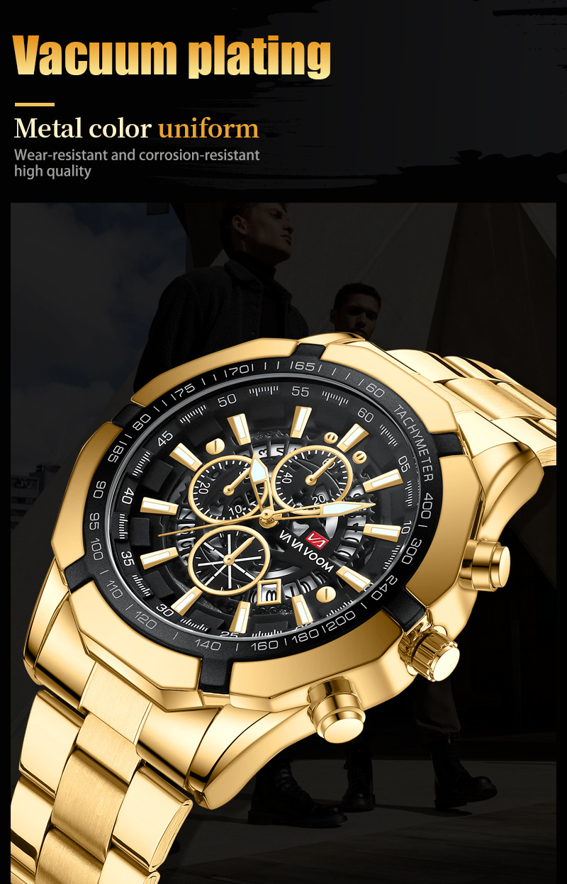 Relógio masculino com pulseira de aço, três olhos, seis pinos, calendário luminoso, esportivo, à prova d'água, relógio de quartzo_voghion.com