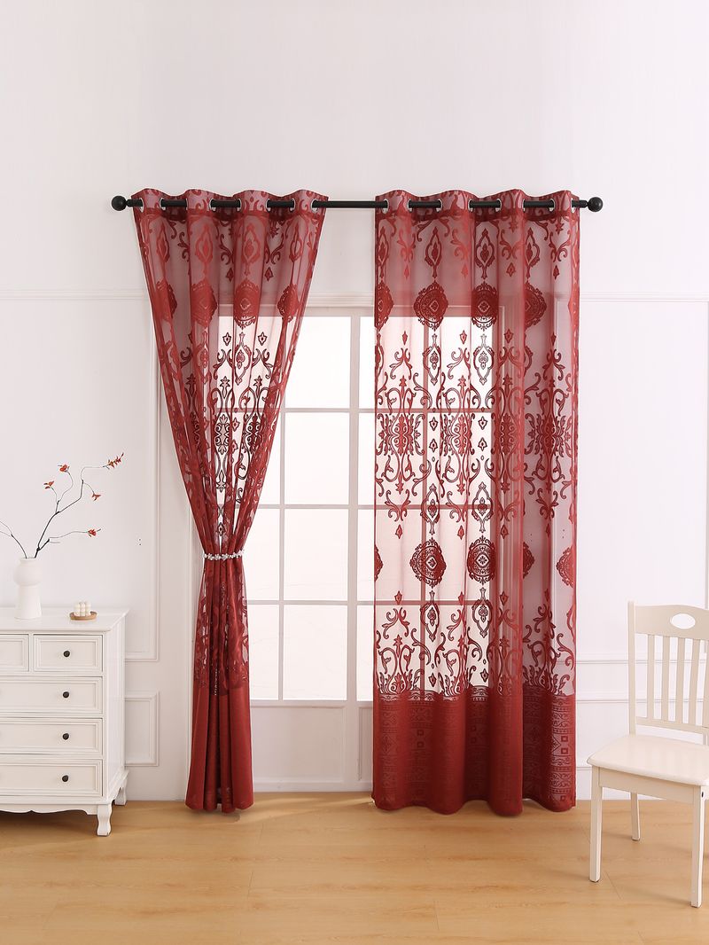 Coin-Pattern Lace Curtains – Semi-Sheer Polyester Window Treatments For Living Room, Bedroom & Kitchen (Red/Beige/White, Multiple Sizes)_voghion.com