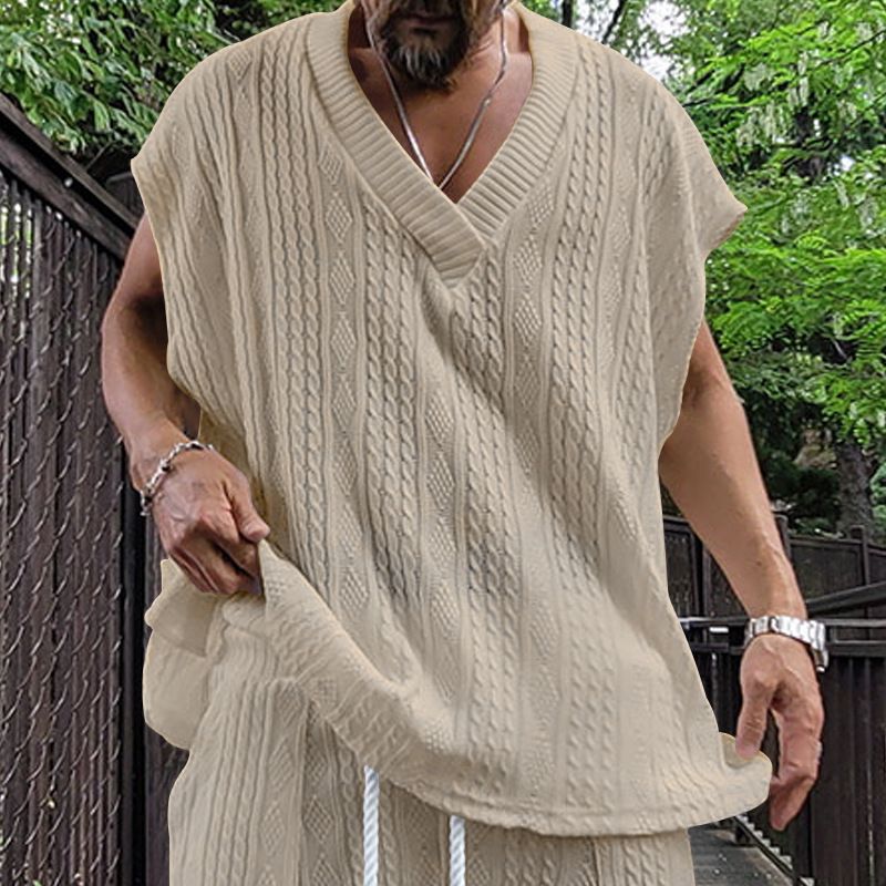 Gilet en tricot jacquard ample à col en V pour hommes, nouvelle collection d'été, surdimensionné et décontracté_voghion.com