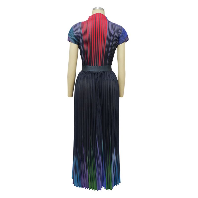 Ženska obleka z okroglim izrezom in kratkimi rokavi, potiskanim nagubanim krilom_voghion.com