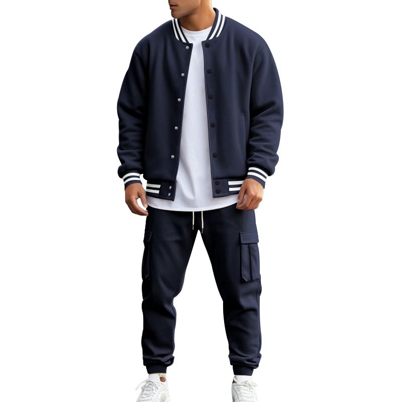 Autumn Winter American Style Stand Collar Baseball Jacket With Fleece Lined Pants Loose Fit Men's Sports Suit_voghion.com