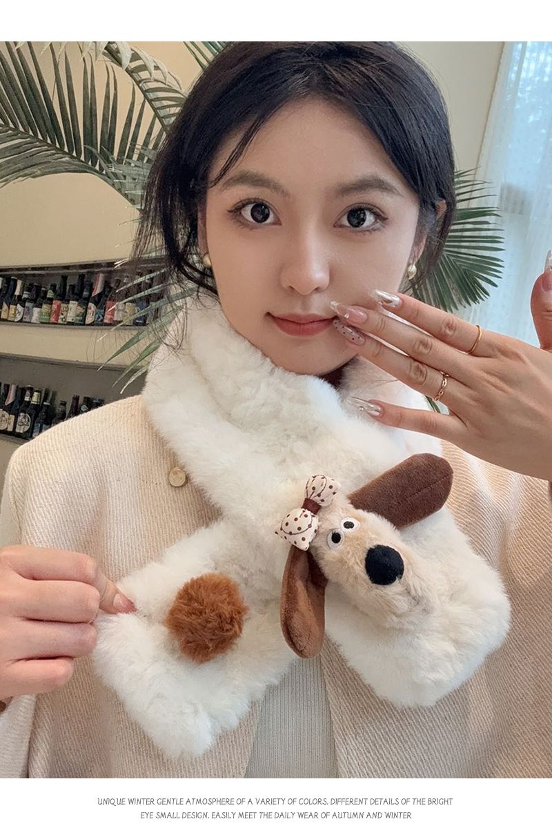 New Winter Scarf Soft Korean Cute Dog Versatile Hairy Warm and Cold proof Bow Cross Style_voghion.com