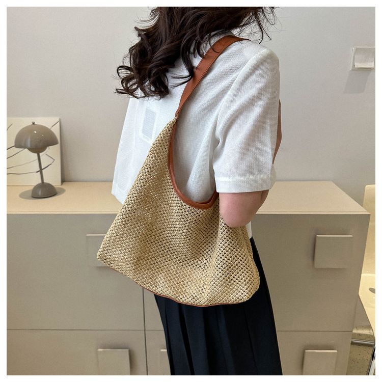 Sac tissé en herbe pour femmes, sac de loisirs de grande capacité, sac à bandoulière sous les bras occidental, nouvelle collection 2024_voghion.com