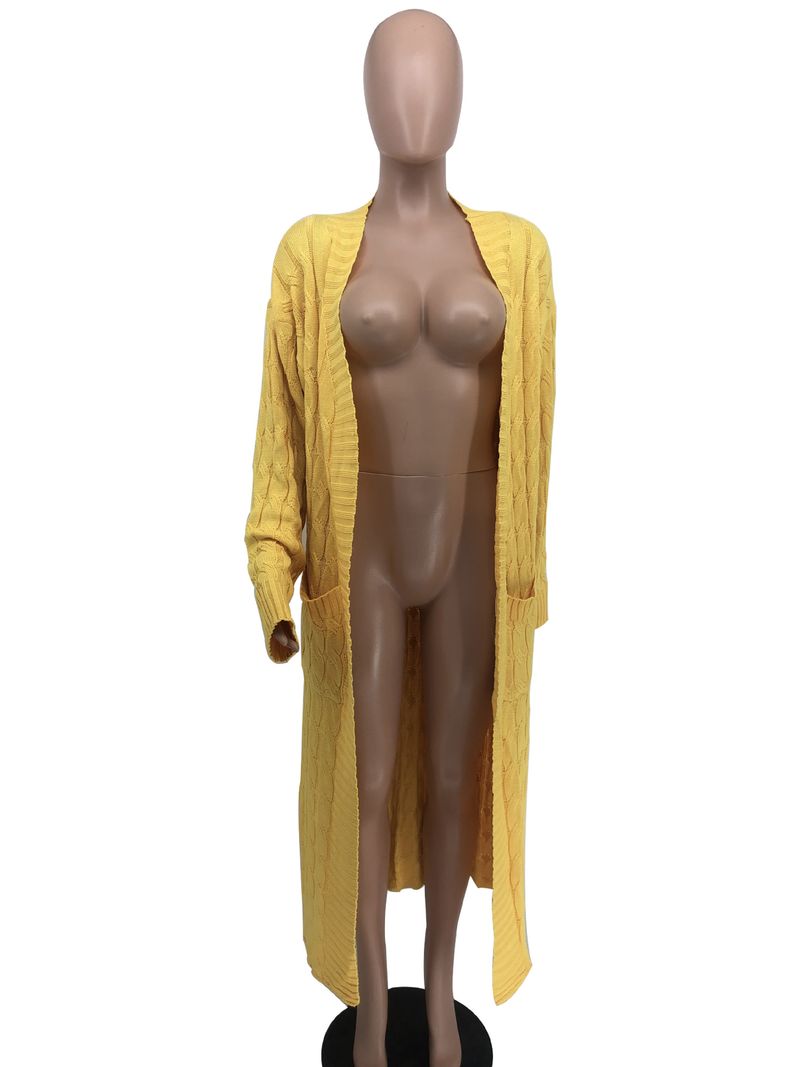 Damenbekleidung Locker gestrickte Strickjacke, gemütliche, übergroße Strickjacke mit Taschen, langer Zopfmuster-Pullovermantel, lockerer Boho-Chic, offene Vorderseite_voghion.com