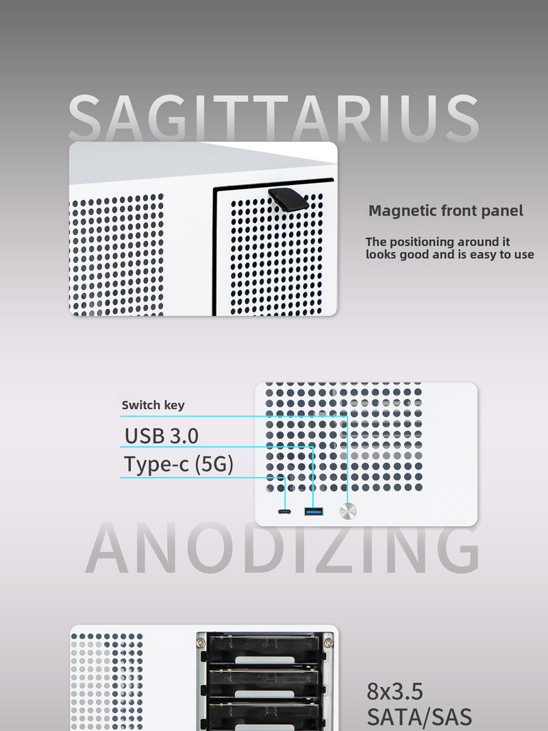 Sagittarius 8-bay NAS Computer Chassis With ATX Power Supply, MATX Motherboard, Full-height PCIE, 21.8L_voghion.com