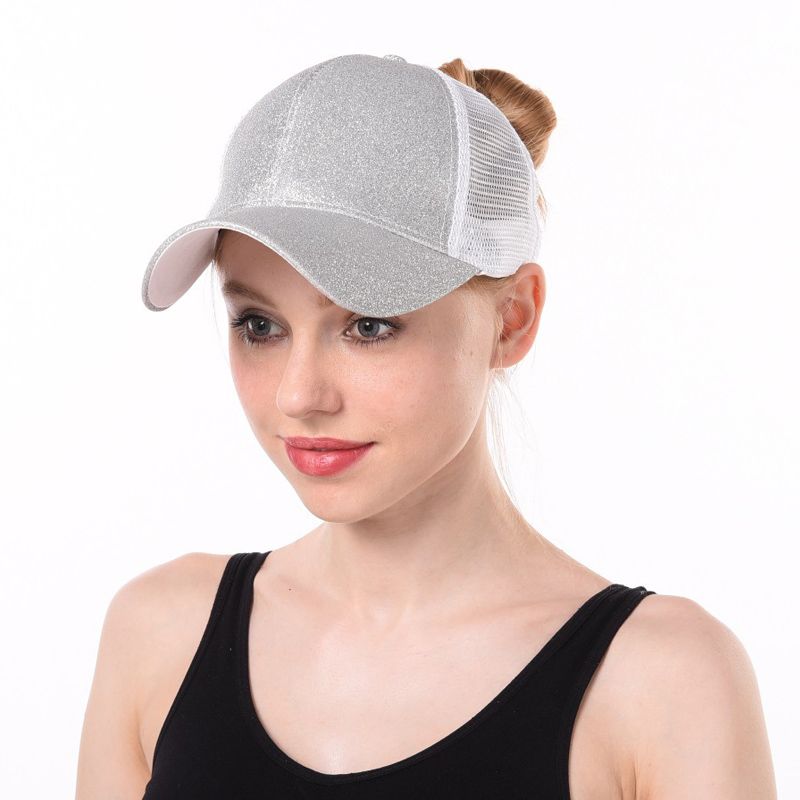 Ponytail Baseball for Women Shiny Glitter Sequins Woman Summer Cap Mesh Sunhat Pure Color High Messy Bun Hat_voghion.com